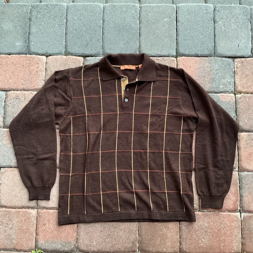 Vintage Merino Wool Blend Sweater with Window Pane Plaid Pattern